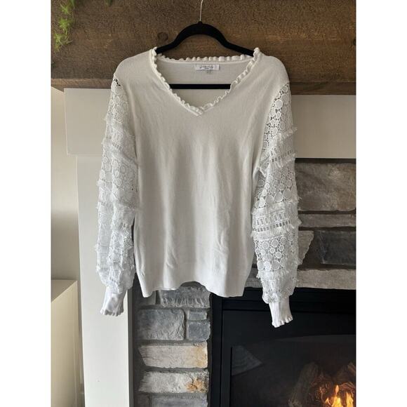 Sioni Milano Sweater Women L White Sheer Lace Bishop Sleeves Boho Beachy Fairy - Picture 1 of 8